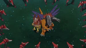 Two Digimon partners facing a group of Fangmon