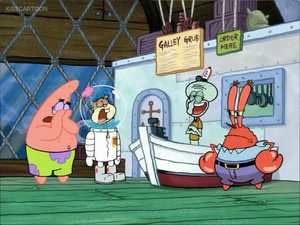 Patrick, Sandy and Mr Krabs (except for Squidward, who doesn't care) feel guilty when they read SpongeBob's letter that he left Bikini Bottom, due to their harsh berating to him, as well as calling him "Idiot boy".