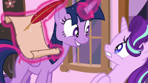 Twilight Sparkle produces a scroll and quill