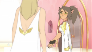 She wears colors similar to Adore due to Etherian tradition to symbolize their marriage; since Catra detests girly accessories.