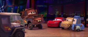 Lightning seeing Mater return from the restroom.