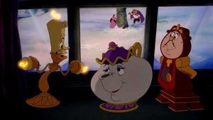 Later, Mrs. Potts, Cogsworth, and Lumière are impressed to see how much Belle and Beast's relationship has improved.