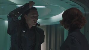 Black Widow interrogating Loki.