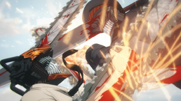 Denji and Katana Man clashing in the sky