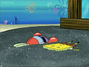 Mr. Krabs and SpongeBob got ran over by the crowd.