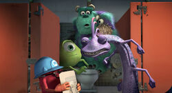 Mike, Sulley and Boo barely manage to avoid being seen by Randall.