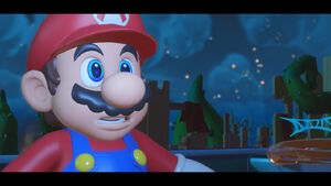 Mario horrified by the Phantom about he and Princess Peach being pulled apart