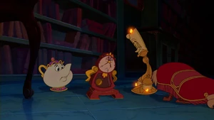 Mrs. Potts, Cogsworth, and Lumière sad over Belle's departure.