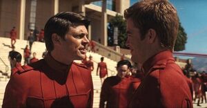 Kirk and McCoy as Starfleet cadets.