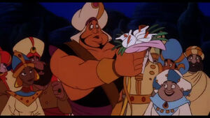 Razoul catches the bouquet at Aladdin and Jasmine's wedding, indicating that he's finally learning to accept the former Street Rat.