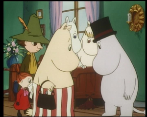 Moomin Family and Snufkin are watching the little Vampire