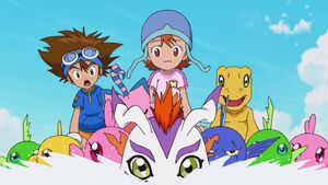 Taichi, Biyomon, Sora and Agumon are resucsed by Gomamon