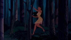 Pocahontas running through the woods.