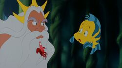 Triton hearing Flounder try to defend Ariel.