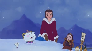 Mrs. Potts and her friends watching the Beast leave in a fit of rage after he and Belle crash into the snow.