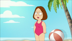 Meg's pink swimsuit