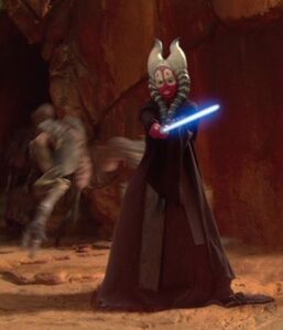 Shaak Ti in Attack of the Clones at the Battle of Geonosis.