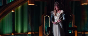 In the throne room, Glinda confronts Evanora when she tries to flee the Emerald City.