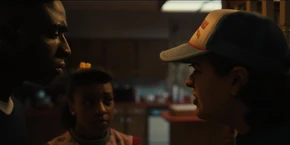 Lucas, Erica, and Dustin realizing Vecna's opening gates to the Upside Down by making psychic connections with his victims.