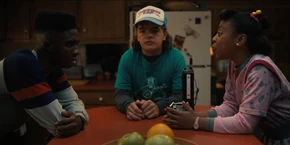 Lucas and Dustin being confronted by Erica.