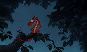 Cri-Kee and Mushu succeeding in getting Mulan's unit to go to war against the Huns.