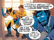 Jubilee roller skating and goofing off again in X-Mansion school with Wolverine