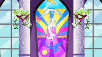 Celestia and Luna depicted on stain glass defeating Discord S02E01