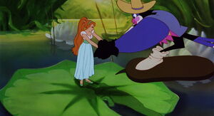 Thumbelina, stranded on a lily pad, meets Jacquimo