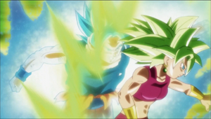 SSJ Blue Goku behind SSJ Kefla