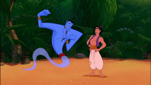 Genie cheering when Aladdin makes his first wish.