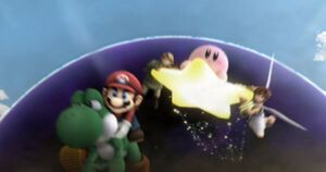 Kirby, Mario, Pit, Link, and Yoshi escaping the Subspace Bomb's explosion.