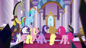 Mane Six see guarded throne room door S9E2