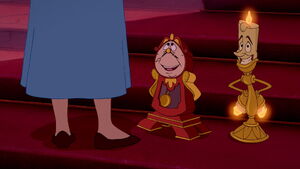 Lumière and Cogsworth trying to prevent Belle from entering the West Wing by suggesting other places to see within the castle.