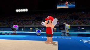 Mario doing floor exercise in Mario & Sonic at the Tokyo 2020 Olympic Games