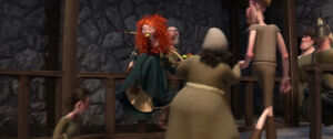 Merida jumping past some of castle servants.