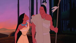 Pocahontas trying to convince her father not to fight the English Settlers