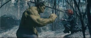 Hulk being calmed by Black Widow.