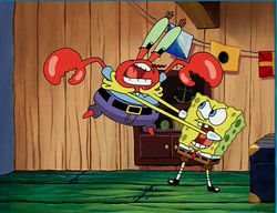 Spongebob strangling Mr. Krabs when he refuses to rehire Squidward