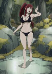 Erza in a bikini in the rainy jungle