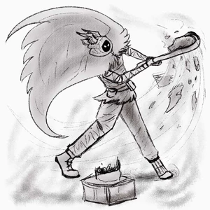 Mirage using his crowbar to destroy a sculpture.