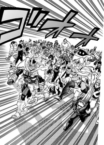 Mirko and scores of other pro heroes assembling to arrest the Doctor.