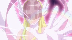 Angewomon raises Hikari to hover.