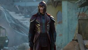 Magneto wearing his new suit and helmet.