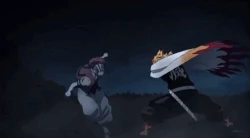 Kyojuro sends Akaza flying into a forest