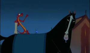 Cri-Kee and Mushu asking Khan for his help, only for to receive a refusal from the horse.