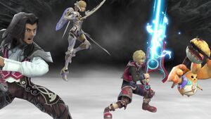 Shulk's Final Smash alongside Dunban, Fiora and Riki.