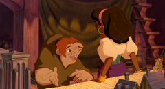 Quasimodo and Esmeralda getting to know each other and becoming friends
