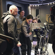 Steven DeKnight, Ivanna Sakhno and Cailee Spaeny on the set of Pacific Rim: Uprising