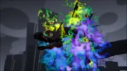 The dragon gets defeated by a rainbow fireball