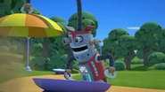 Grinder looking at Sir Cumference after getting knocked off his chair